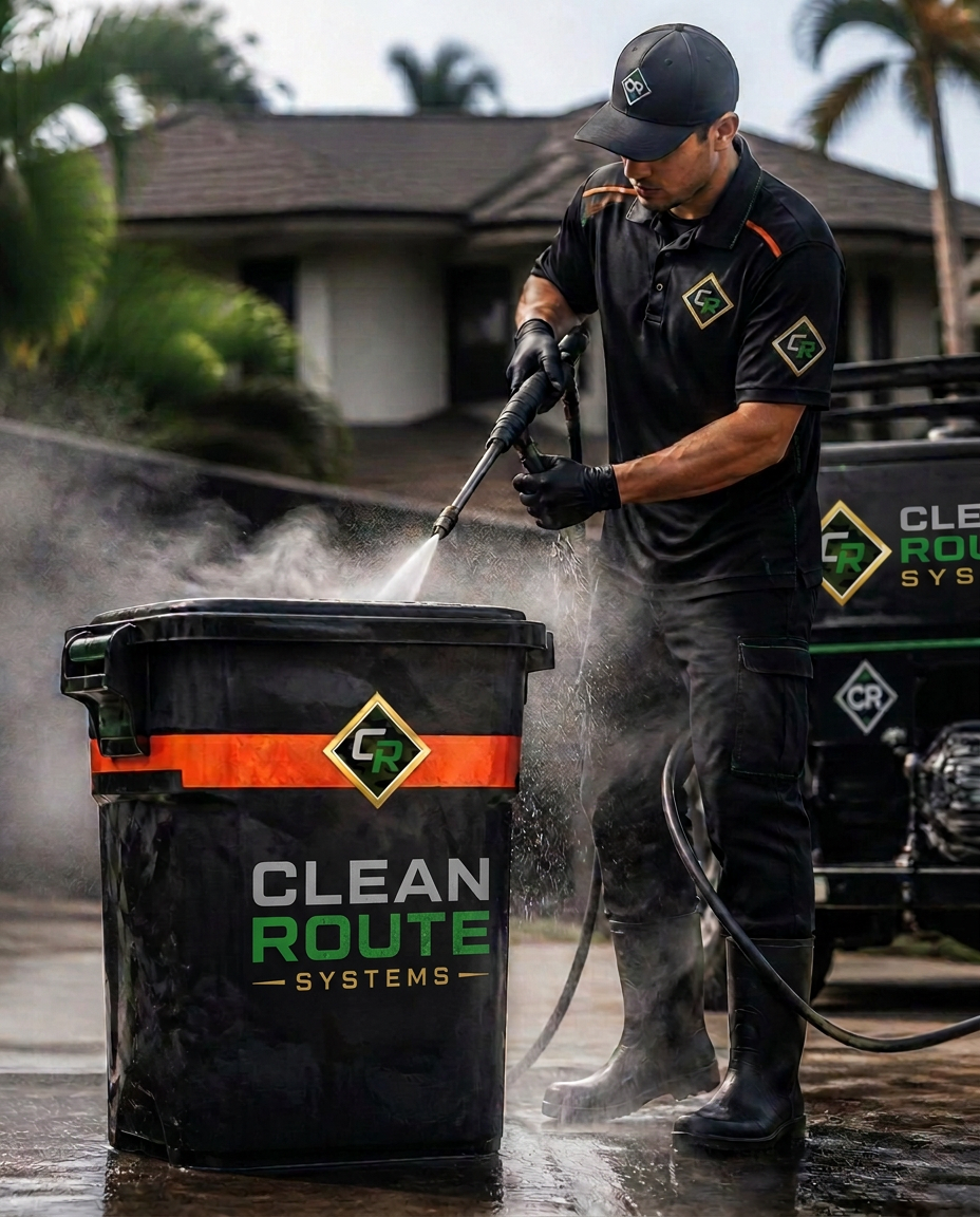 Professional pressure washing a bin